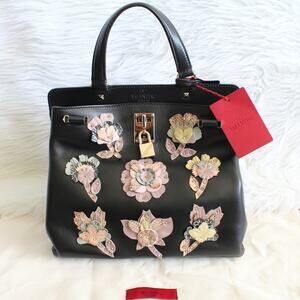 Valentino Joylock Black Leather Floral Applique Rockstud Satchel Shoulder Bag